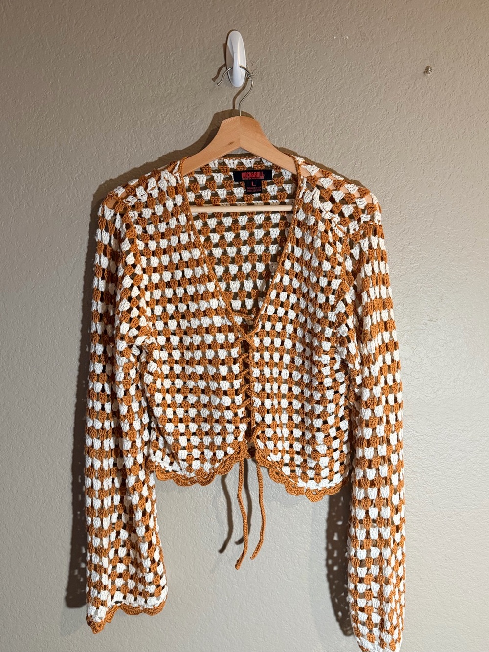 Crochet Tie-Front Bolero Cardigan - White & Tan